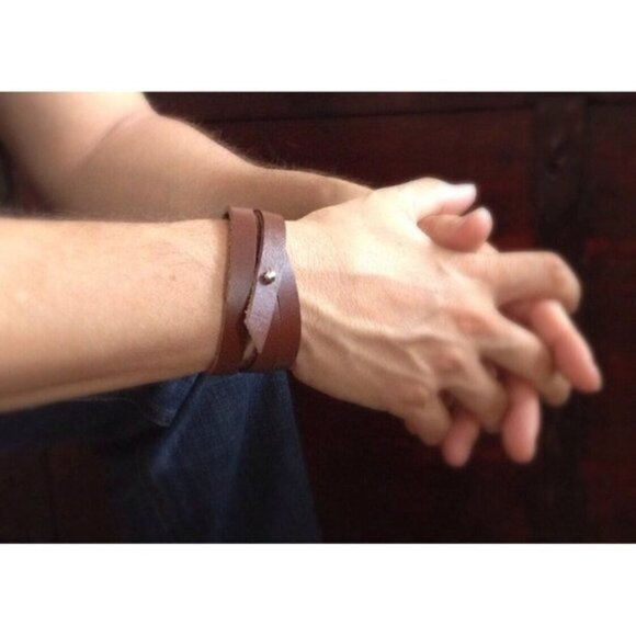 Brown Leather Triple Wrap Bracelet with Silvertone Stud Closure - Picture 1 of 4